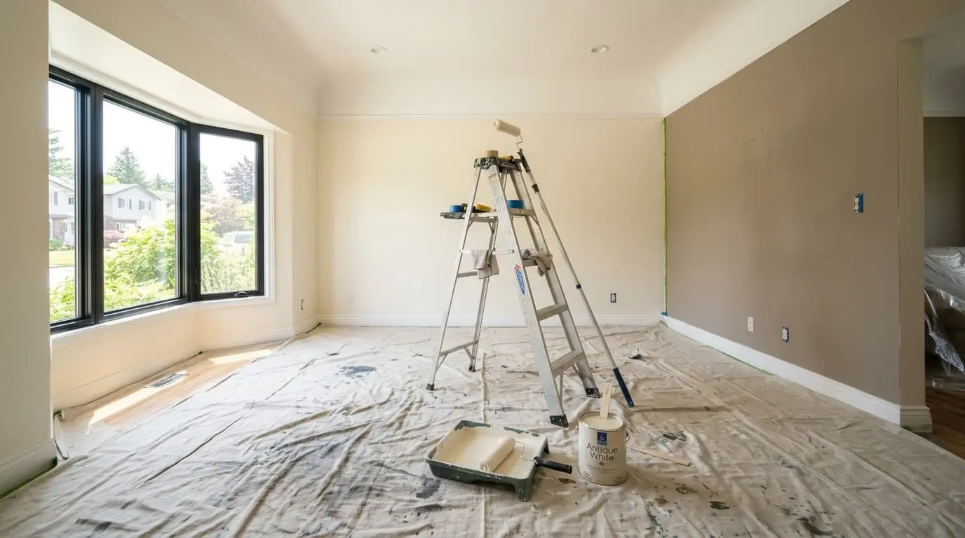 Living room mid-painting with ladder and roller