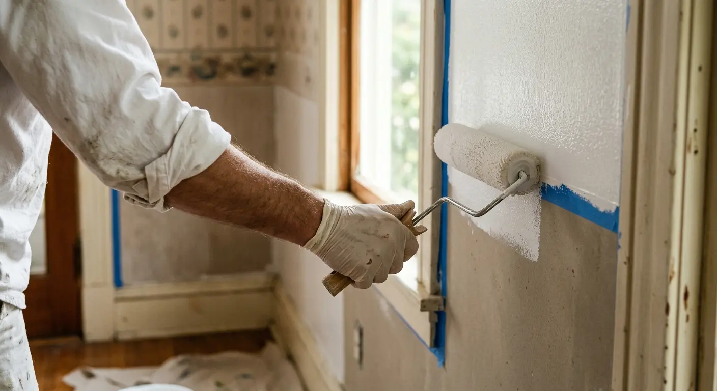 Close-up of a roller applying white paint to a wall